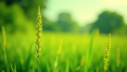 Wall Mural - Green and yellow foxtail stalks with delicate leafy greens, landscape, yellow, wild grasses