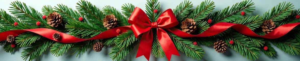 Evergreen branches decorated with red ribbon and pinecones in a festive holiday arrangement, red ribbon, festive decor, garland