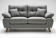 © AdibaZR - Modern grey fabric sofa with two cushions, wooden legs, on white background.