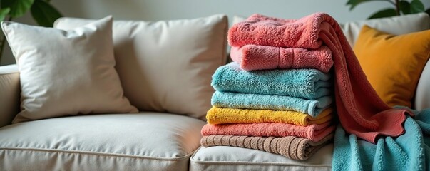 Freshly laundered pile of clothes on the living room sofa with clean towels, fabric, furniture, sofa