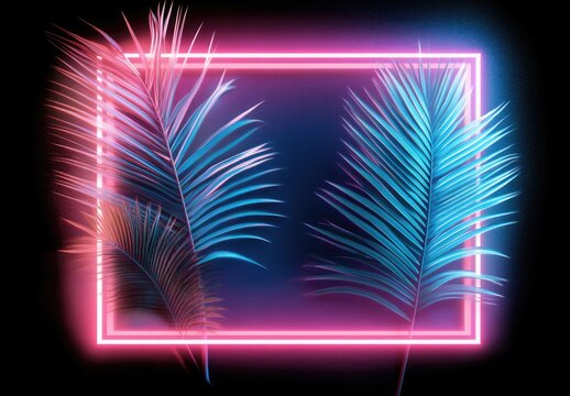 Neon border surrounding tropical palm leaf design, reflecting an anime aesthetic, vibrant dark pink and blue tones, purple neon composition, evoking the essence of contemporary gaming aesthetics