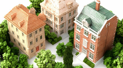 Poster - Three stylized houses surrounded by greenery, showcasing architectural design.