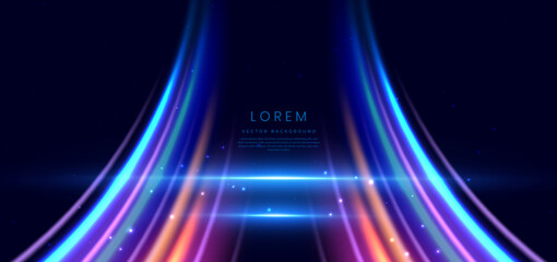 Wall Mural - abstract futuristic glowing neon multi color lines. hi speed motion moving concept on dark blue back