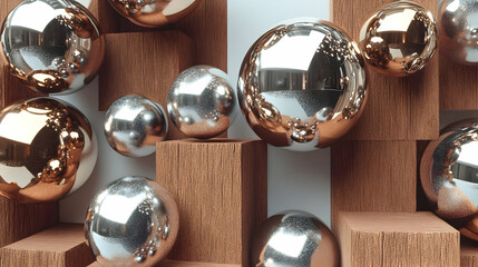 Poster - A composition of reflective spheres arranged on wooden blocks, showcasing texture and light.