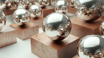 Poster - A collection of shiny metallic spheres on wooden blocks, showcasing reflections and textures.
