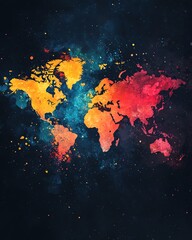 Aufkleber - A vivid world map in watercolor, splattered with bold colors and abstract shapes on a deep black background, offering a unique artistic interpretation