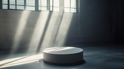 Poster - Light beams illuminate a circular platform in an empty industrial space. 
