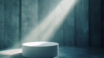 Poster - Soft light illuminates a circular platform in an empty gray room. 