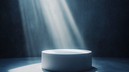 Poster - Light beams illuminating a circular platform in a dark room. 