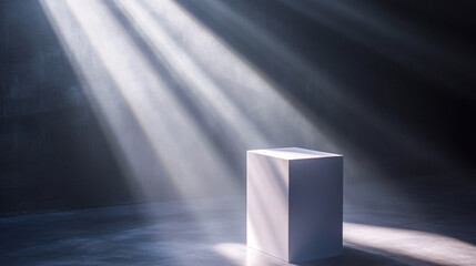Poster - Light beams illuminate a mysterious cube in a dark environment. 