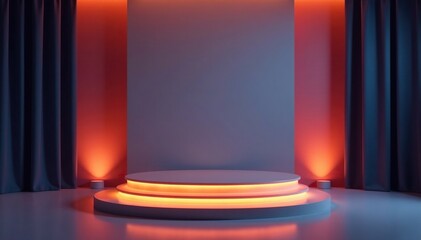 Wall Mural - Empty podium with soft, warm glow from lamps at base, decorative lamp, glow, podium