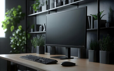 Poster - A modern workspace featuring a computer monitor, keyboard, and potted plants.