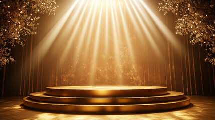 Poster - Golden stage with spotlight illuminating a dramatic performance setting. 