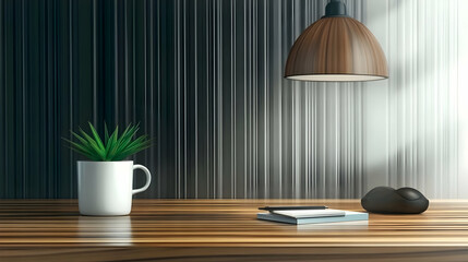 Poster - A minimalist workspace with a plant, lamp, and notebook on a wooden table.