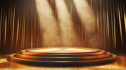 Poster - Stage with golden curtains and spotlight illuminating the performance area. 