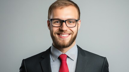 Poster - self-assured young man in business attire, smiling and standing confidently against a plain gray moc