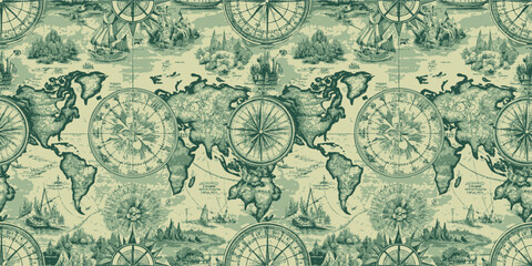  Vintage map wallpaper featuring nautical themes and compass designs in green hues.