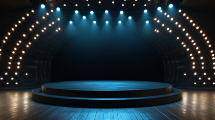 Poster - Bright stage lights illuminate an empty performance area for an upcoming event. 