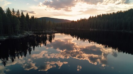 Wall Mural - Sunset reflecting on calm lake surrounded by forest.