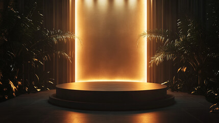 Poster - Spotlight stage with glowing backdrop and tropical plants at night. 