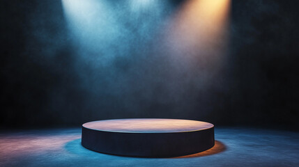 Poster - Empty stage illuminated by blue and orange lights in a dark environment. 