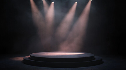 Poster - Spotlight on a circular stage surrounded by dark foggy atmosphere. 