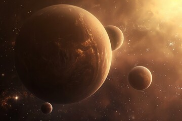 Poster - planets are orbiting around a bright star in the deep space, creating a breathtaking cosmic scene