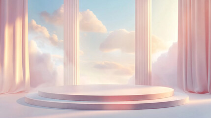 Poster - Dreamy stage with soft clouds and pastel hues in a serene atmosphere. 