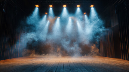 Poster - Bright stage lights illuminate a performance area filled with smoke. 