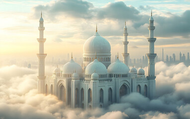 Sticker - A majestic mosque emerging from clouds at sunrise, symbolizing serenity and spirituality.