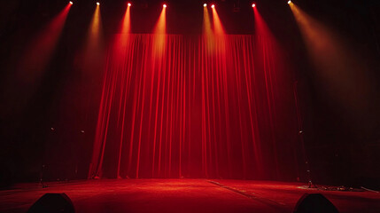 Poster - Red stage lights illuminate a theater curtain preparing for a performance at night. 
