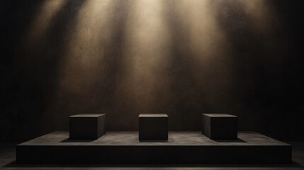 Poster - Illuminated dark space with three empty pedestals in a gallery setting. 