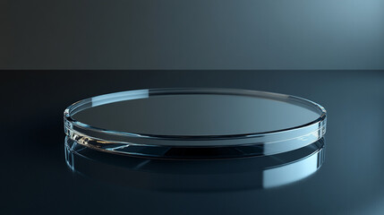 Poster - Simple round glass platform reflecting light in a dimly lit environment. 