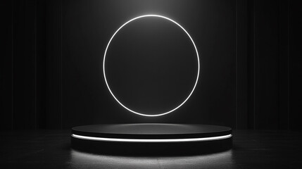 Poster - Illuminated circle suspended above a minimalist platform in dark setting. 