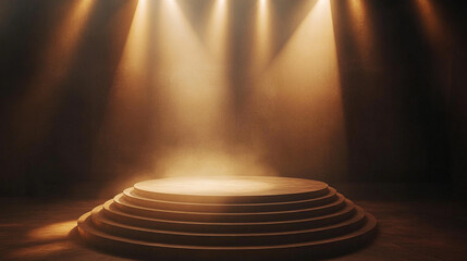 Poster - Spotlight on an empty stage illuminated by dramatic lighting in a dim venue. 