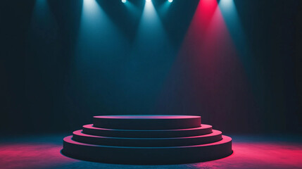 Poster - Illuminated stage with circular platforms in vibrant lighting at an event venue. 