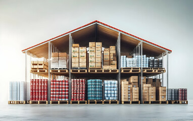 Poster - A warehouse filled with stacked boxes, barrels, and pallets for storage and distribution.