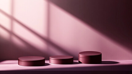 Poster - Light and shadow play on three round containers in a serene setting. 