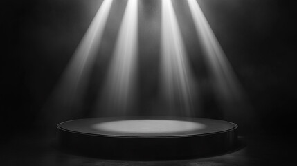 Poster - Bright stage lighting illuminating a circular platform in a dramatic setting. 