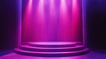 Poster - Bright colored lights illuminate an empty stage in a dark venue. 