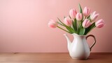 Generated image A white ceramic pitcher filled with pink tulips sits on a wooden table against a soft pink background