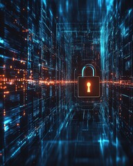 Fototapete - A cyber defense concept background, featuring a digital padlock, secure data transmission, and abstract technology patterns, focused on IT security