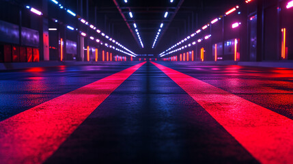 Poster - Vibrant neon lights illuminate an industrial hallway at night. 