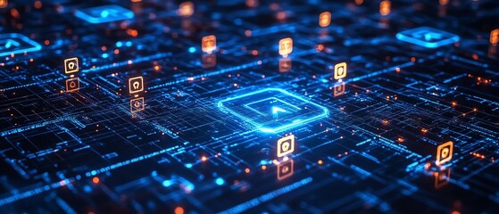Poster - A hightech IT security theme with holographic encryption symbols, secure firewalls, and interconnected systems, reflecting a digital defense strategy