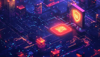 Poster - A modern IT security concept with a glowing shield, secure networks, and firewall symbols, surrounded by flowing data and digital elements