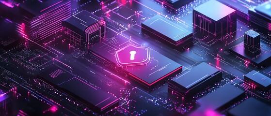 Fototapete - A sleek IT security design with digital shield icons, interconnected networks, and encrypted data, symbolizing the protection of sensitive information