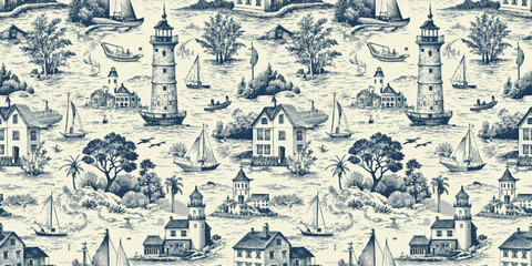 Naklejka na meble Nautical-themed fabric design featuring lighthouses and sailboats in blue tones.