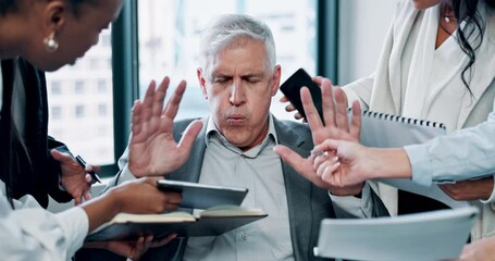 Poster - Busy, meeting and overwhelmed man with team workload, paperwork or phone call at digital agency. Stress, business people and mature consultant in office with anxiety, burnout or management crisis