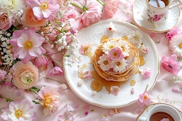 Wall Mural - A delightful arrangement of pancakes adorned with flowers, surrounded by pink blooms, creating a charming and aesthetic brunch setting.