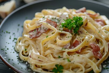 Fettuccine alfredo pasta dish is garnished with ham and parsley on black plate